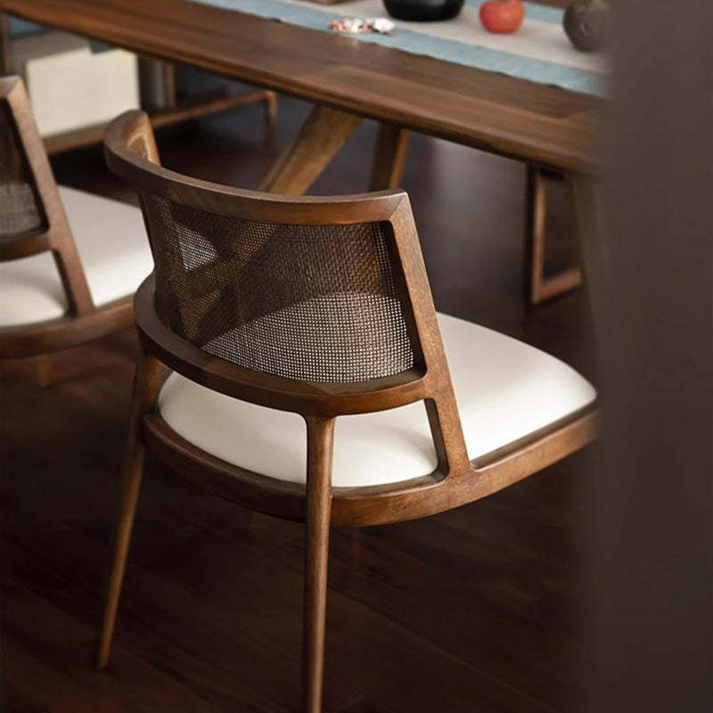 Retro Microfiber Leather Rattan Wood Dining Chair — Without Armrest / Black