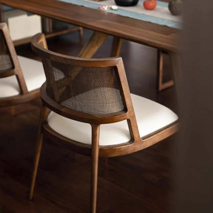Retro Microfiber Leather Rattan Wood Dining Chair — Without Armrest / Black