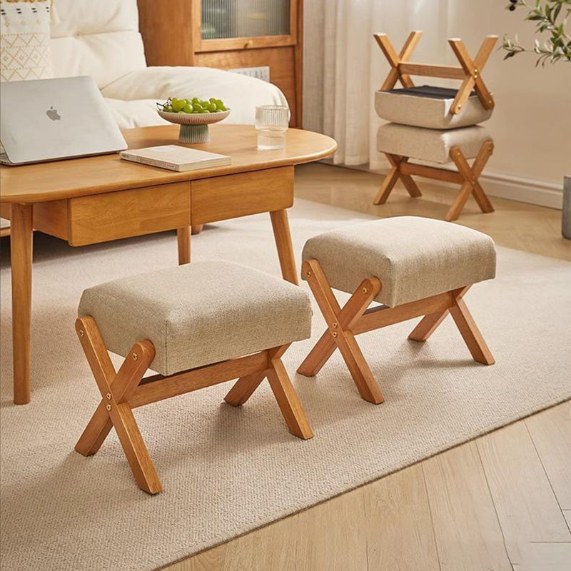 Contemporary Wood Linen X-Leg Footstool
