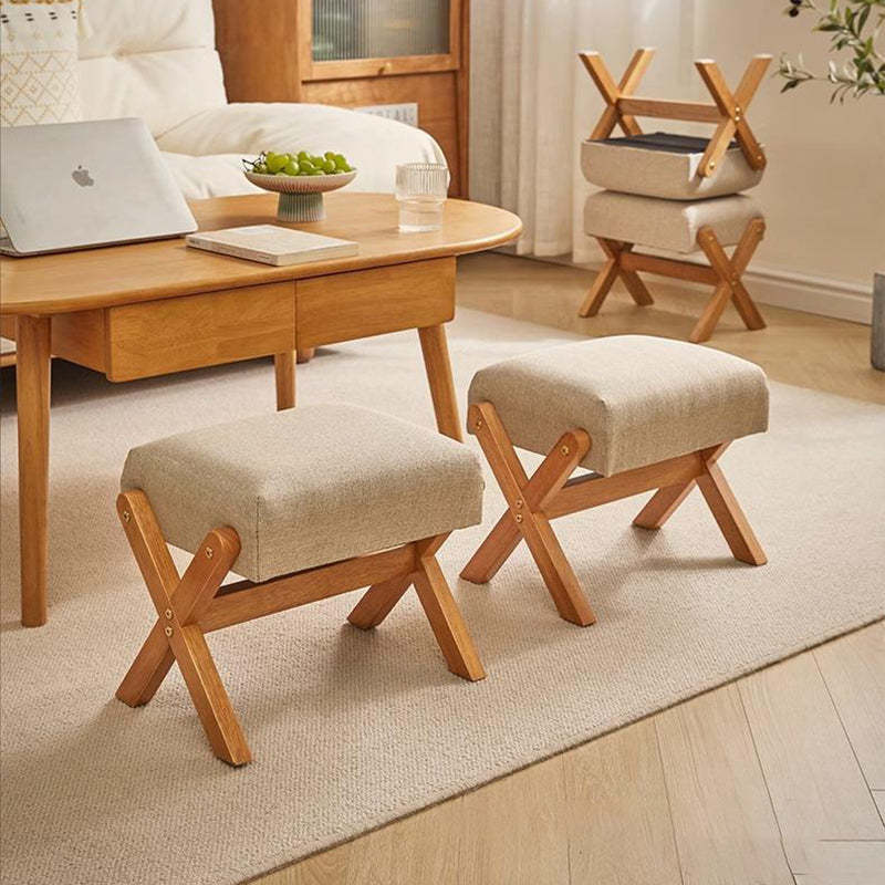 Contemporary Wood Linen X-Leg Footstool
