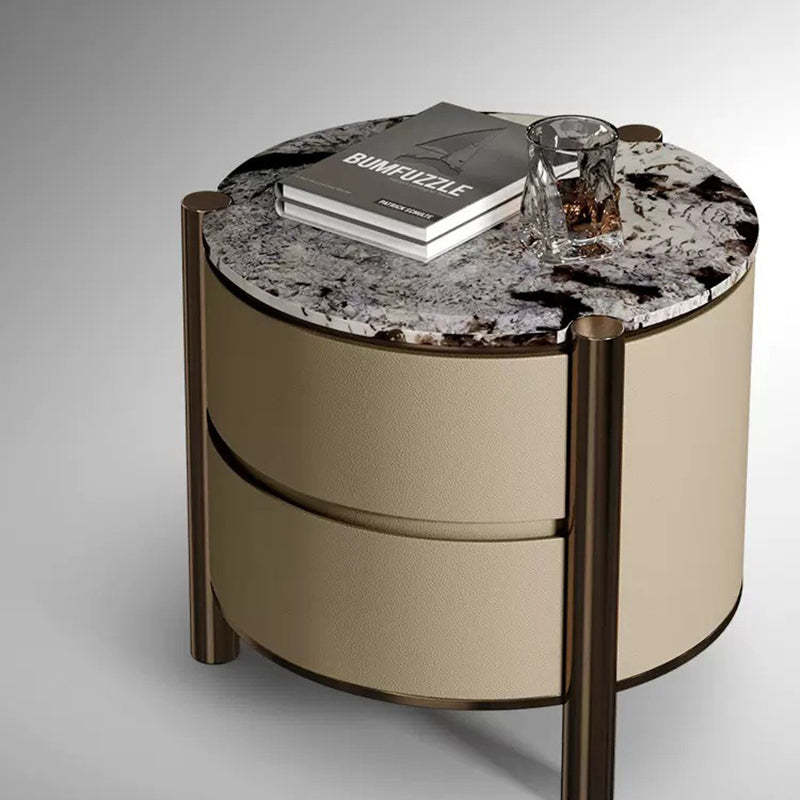 Modern Marble Solid Wood Round Nightstand 2-Drawer