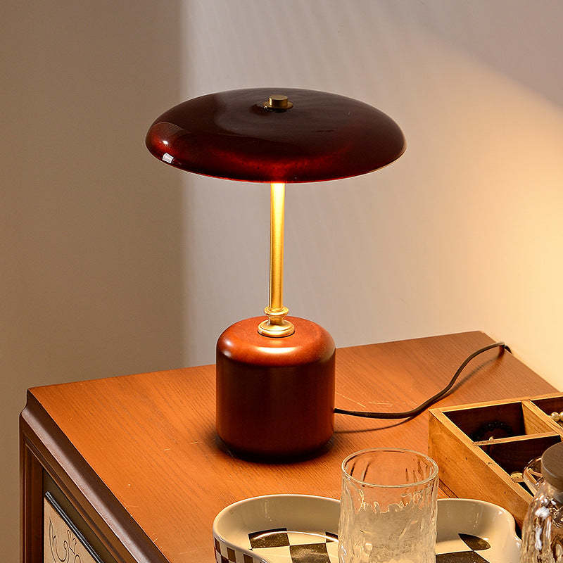 Retro Brass Wood Glass Cylinder LED Table Lamp