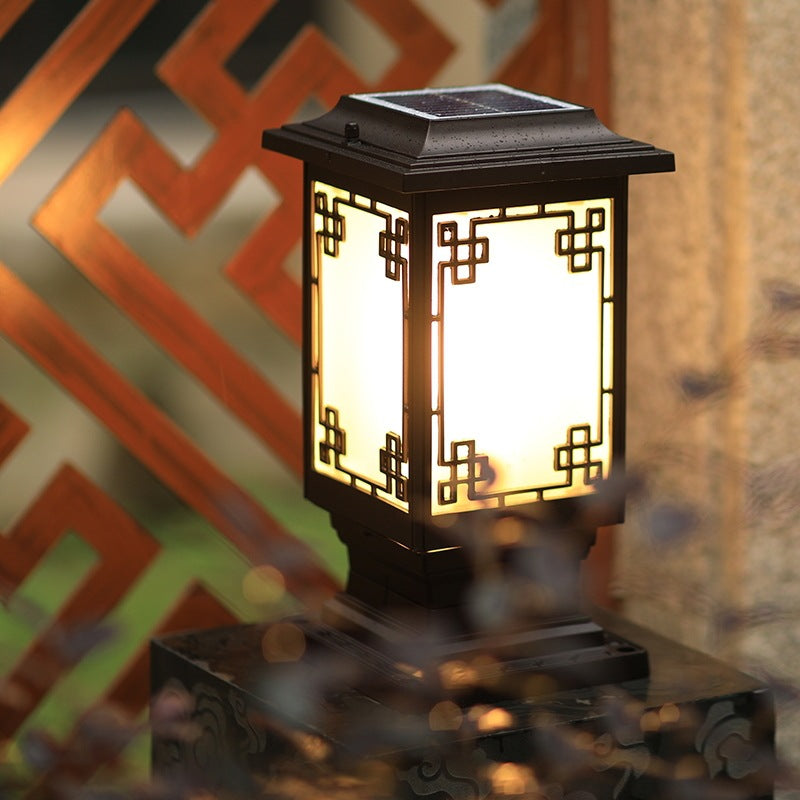 Solar Chinese Window Square Post Garden Light