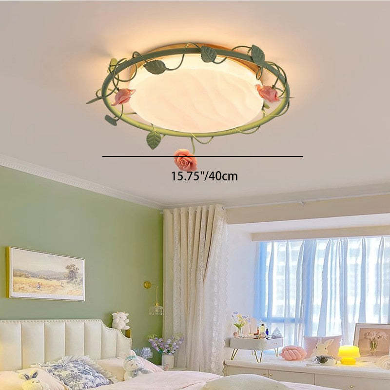 Round Rose Leaf Iron Rubberwood Acrylic LED Flush Light