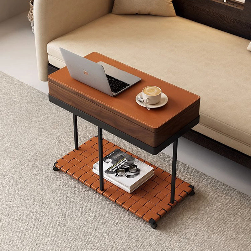 Minimalist Iron Leather Wood Rectangular End Table 1-Storage