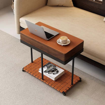 Minimalist Iron Leather Wood Rectangular End Table 1-Storage — Brown