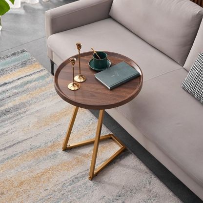 Minimalist Walnut Grain Round Tray End Table — Walnut Color + Gold Frame