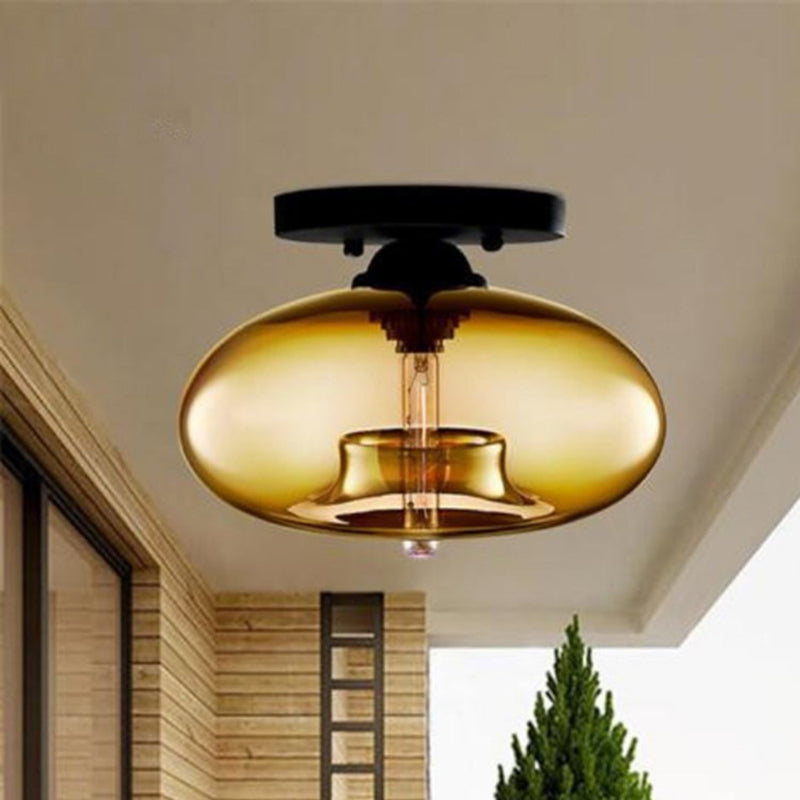 Flat Oval Iron Glass Semi-Flush Ceiling Light