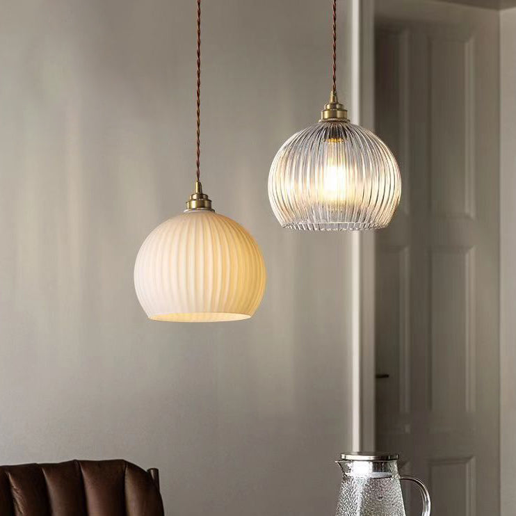 Modern Ribbed Glass Semicircle Copper Pendant Light