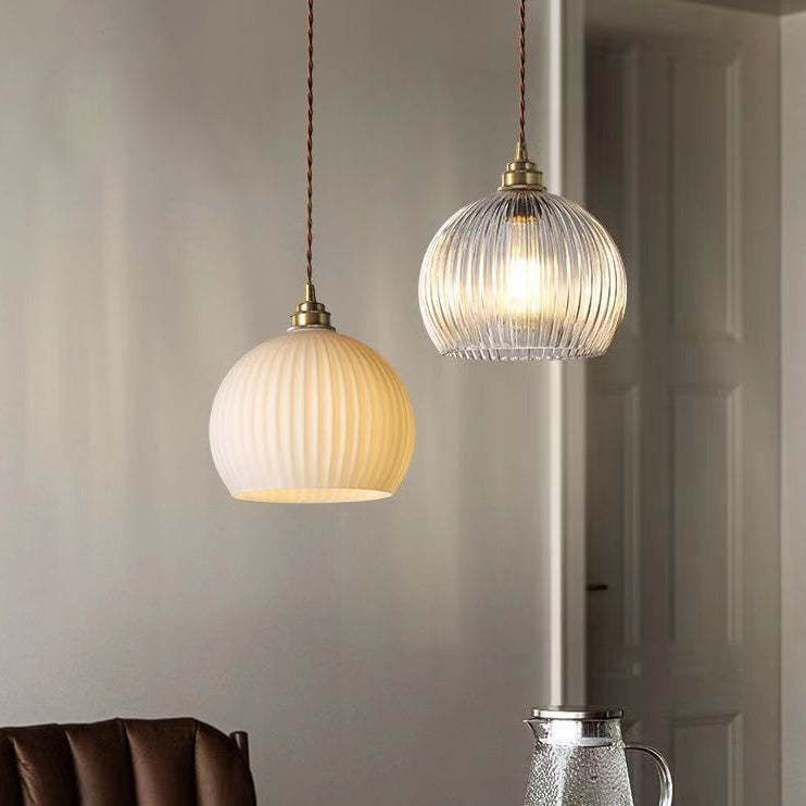 Modern Ribbed Glass Semicircle Copper Pendant Light