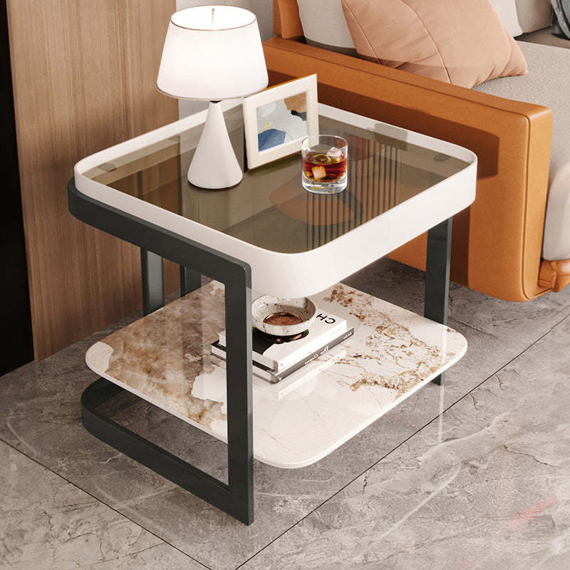 Modern Luxury Glass Rock Slab Iron 2-Tier Coffee Table