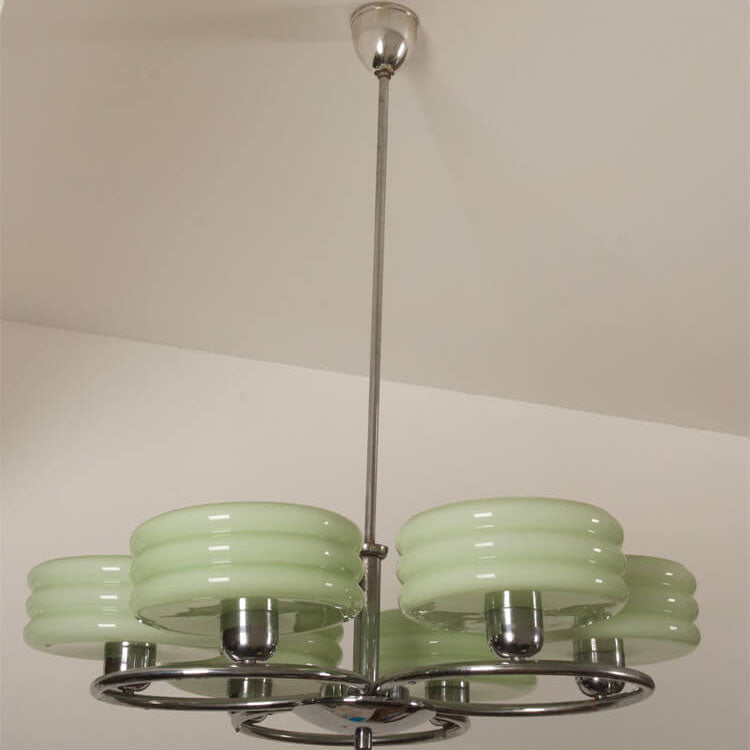 French Vintage Green Cream Glass Chrome Circle Chandelier