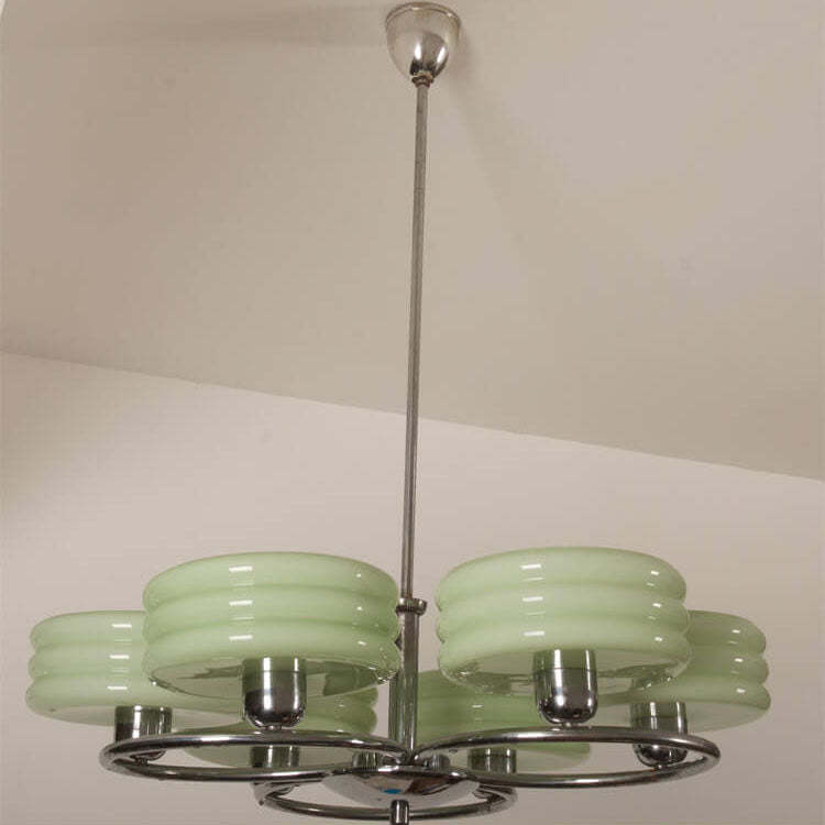 French Vintage Green Cream Glass Chrome Circle Chandelier