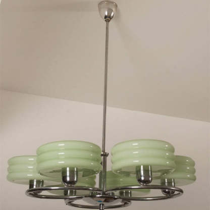 French Vintage Green Cream Glass Chrome Circle Chandelier