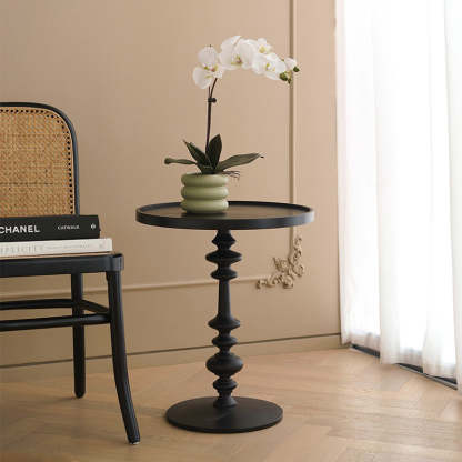 Modern Tray-Top Ash Wood Pedestal End Table — Black