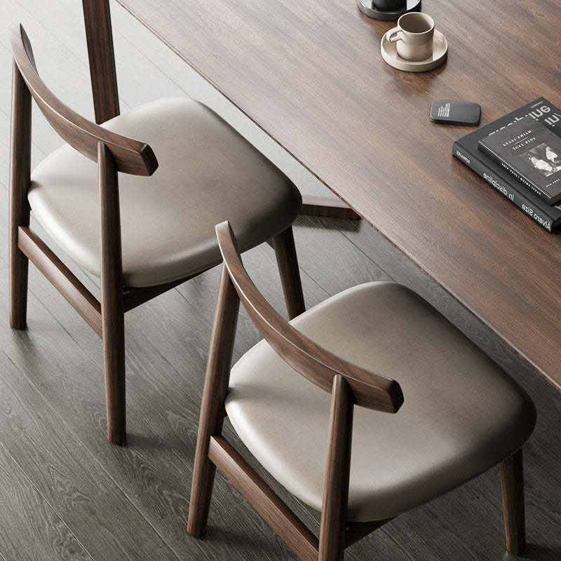 Retro Double-Layer Nappa Leather Open-Back Dining Chair — Log Color Wood Frame + Light Gray Cotton Linen Seat