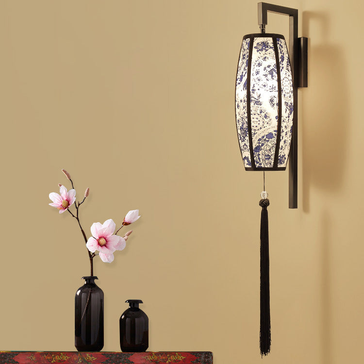 Chinese Vintage Painted Fabric Lantern Tassel Sconce