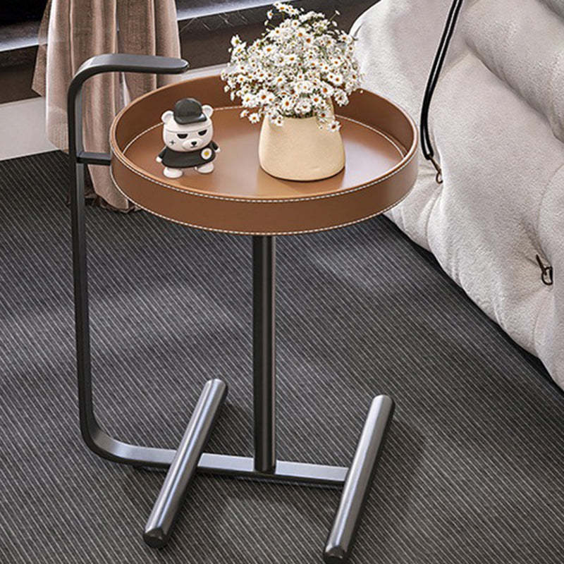 Minimalist Leather Steel Tray Side Table — Brown