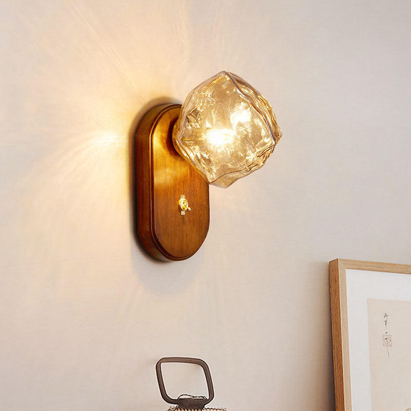 Japanese Oval Ice Cube Solid Wood Glass Sconce