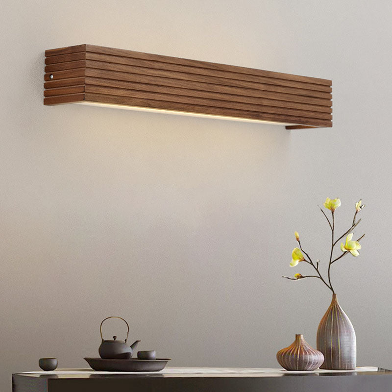 Chinese Striped Wood Cuboid LED Vanity Sconce