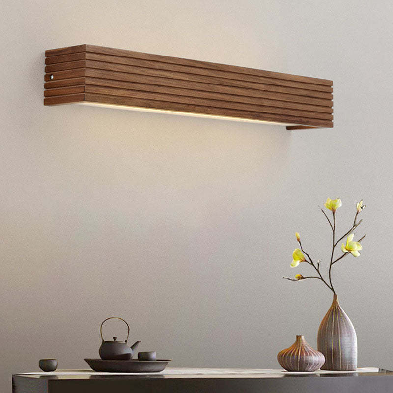 Chinese Striped Wood Cuboid LED Vanity Sconce — Warm Light (3000K) / 110V-120V For US/CA