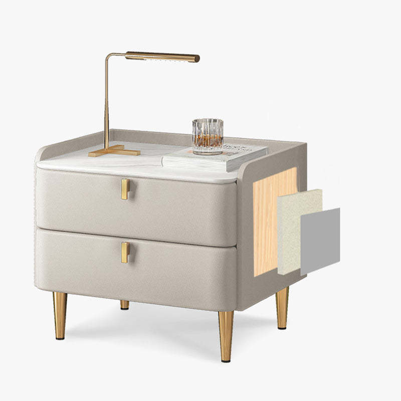 Modern Leather Pine Wood Carbon Steel Nightstand 2-Drawer