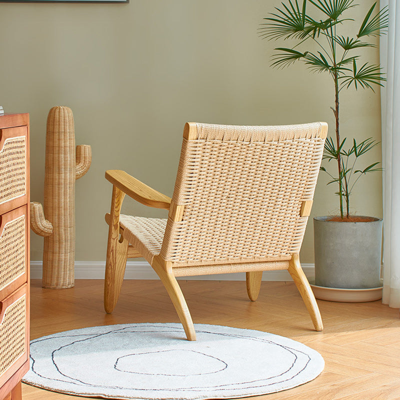 Scandinavian Rectangular Wood Rattan Armrest Chair