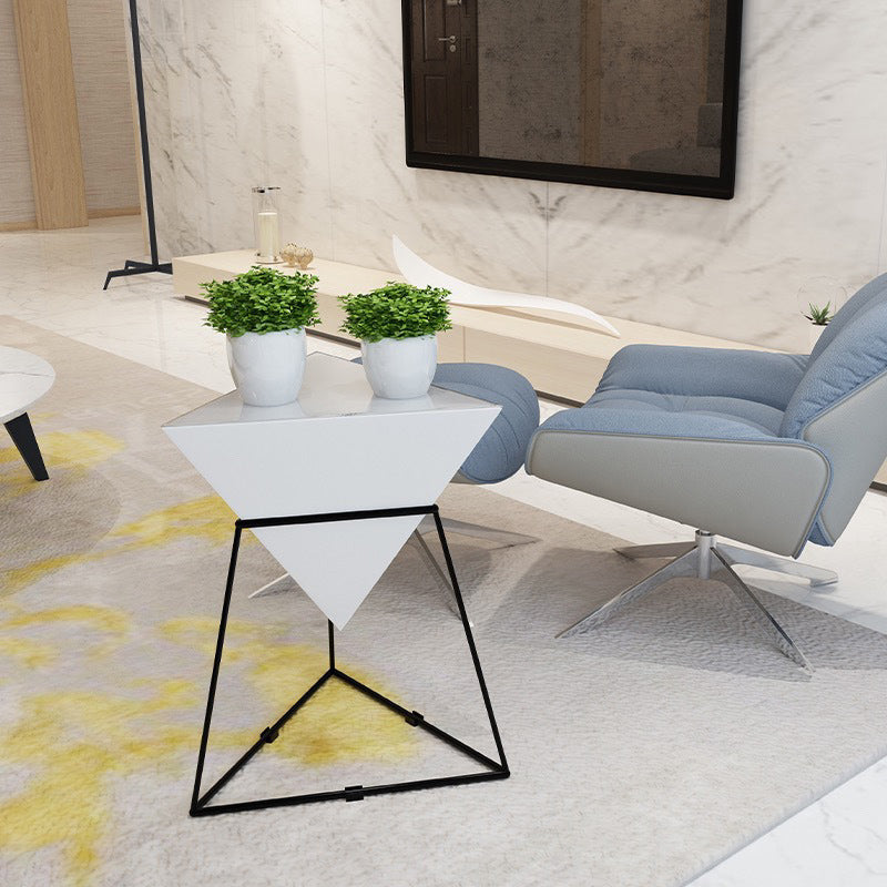 Modern Iron Rock Panel Triangle Side Table 1-Tier — Black Cabinet + Gold Shelf & Rock Panel