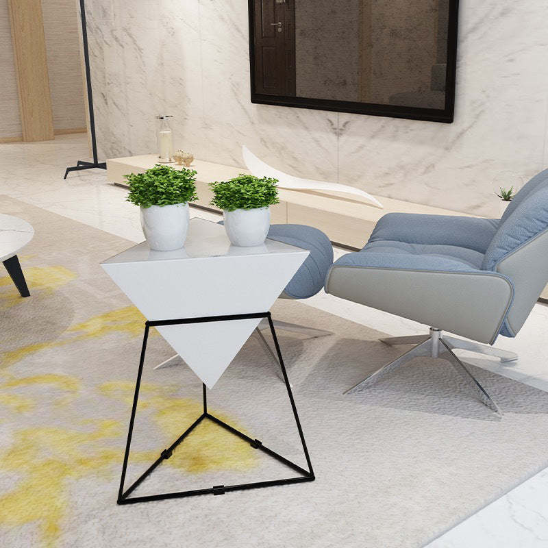 Modern Iron Rock Panel Triangle Side Table 1-Tier — Black Cabinet + Gold Shelf & Rock Panel