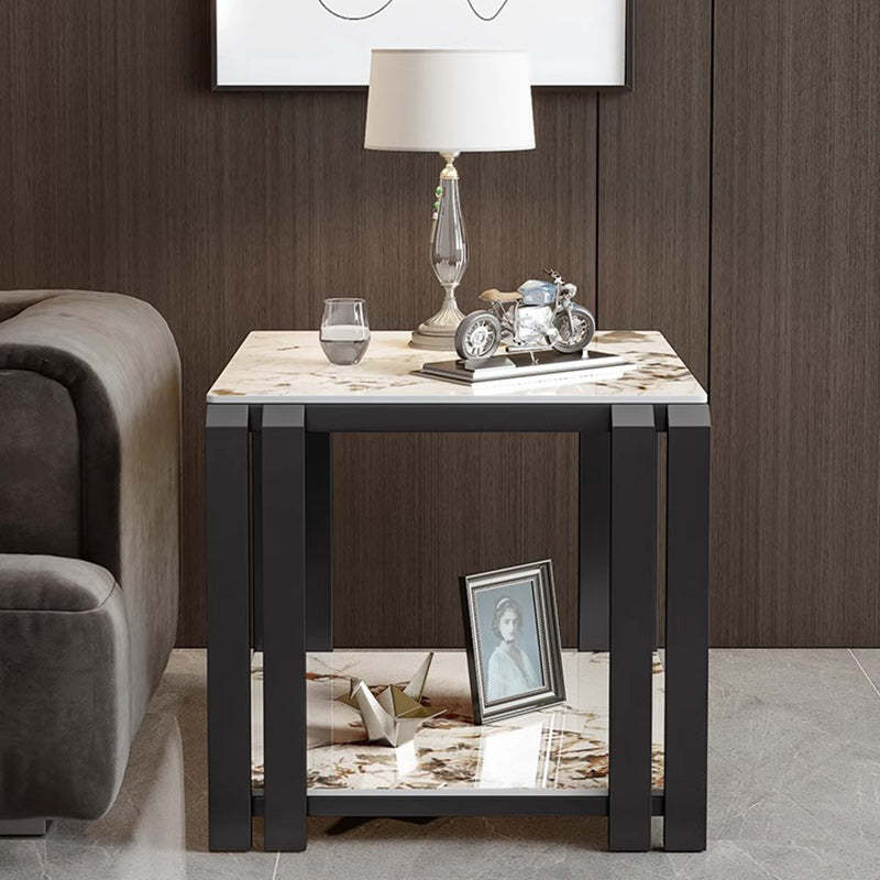 Luxury Square Rock Slab Metal 2-Tier Side Table — White Brown
