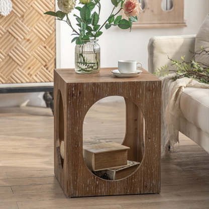 Japanese Rectangular Wood 2-Tier End Table