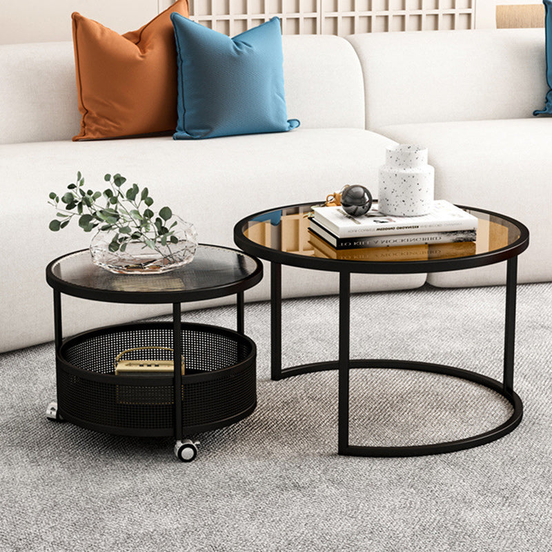 Nordic Glass Metal Round Movable Coffee Table 2-Tier — White Frame & Tea Color Table Top - Movable