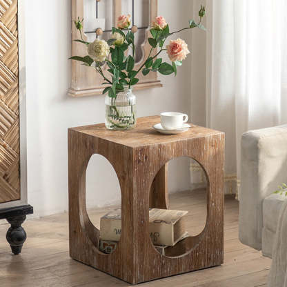 Japanese Rectangular Wood 2-Tier End Table