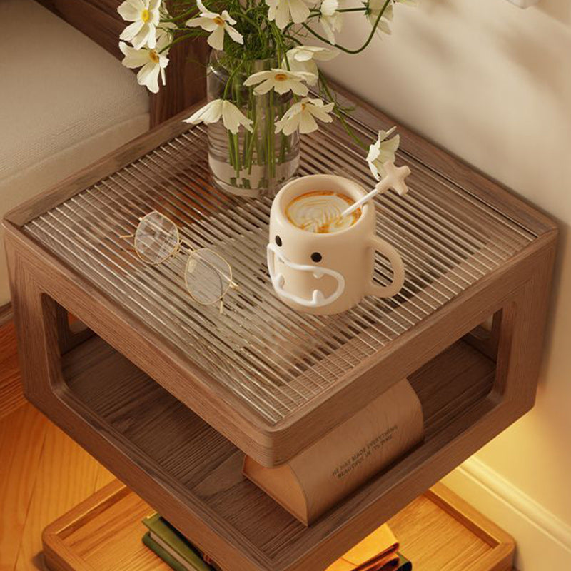 Minimalist Rubberwood Glass Nightstand