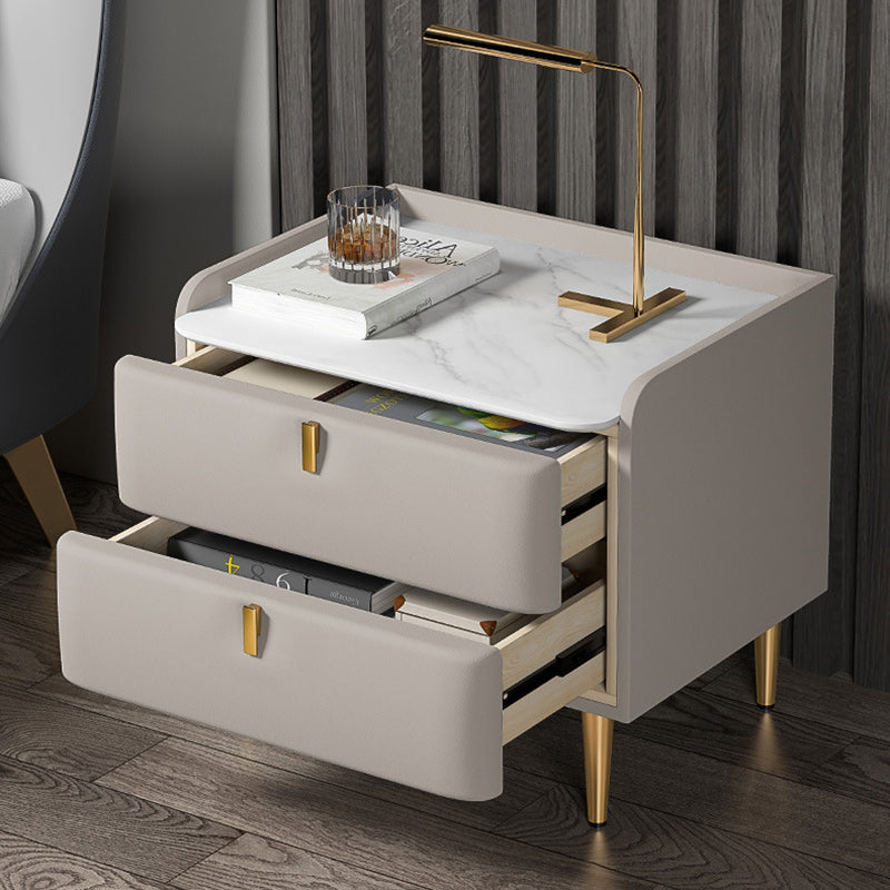 Modern Leather Pine Wood Carbon Steel Nightstand 2-Drawer