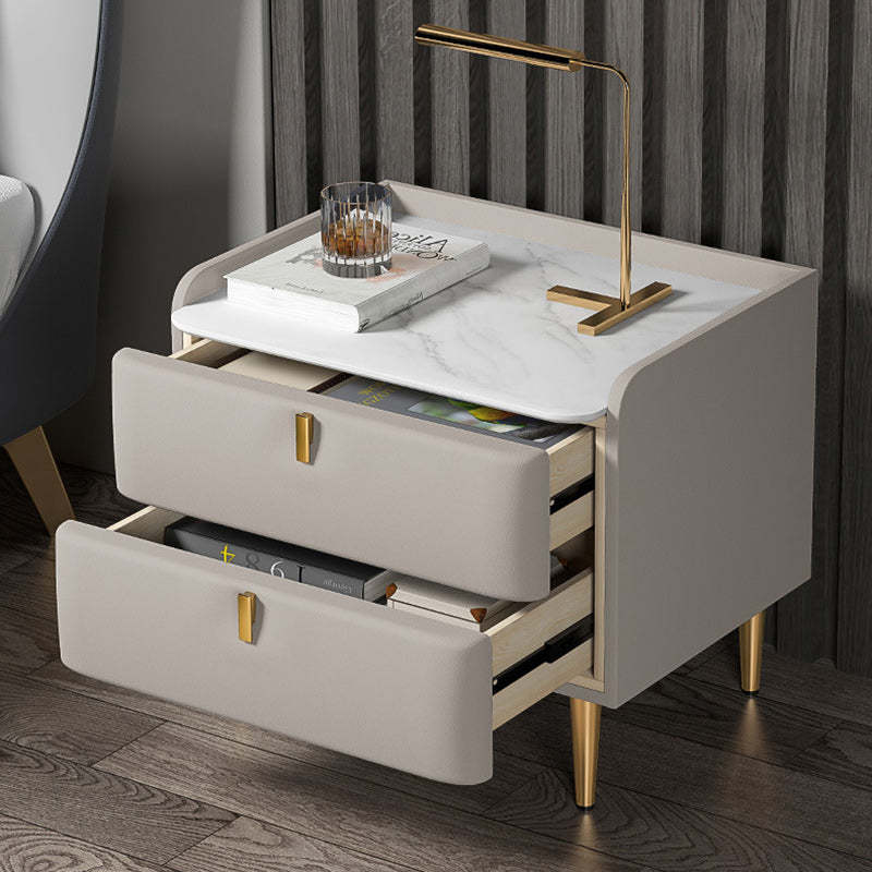Modern Leather Pine Wood Carbon Steel Nightstand 2-Drawer