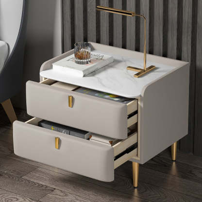 Modern Leather Pine Wood Carbon Steel Nightstand 2-Drawer