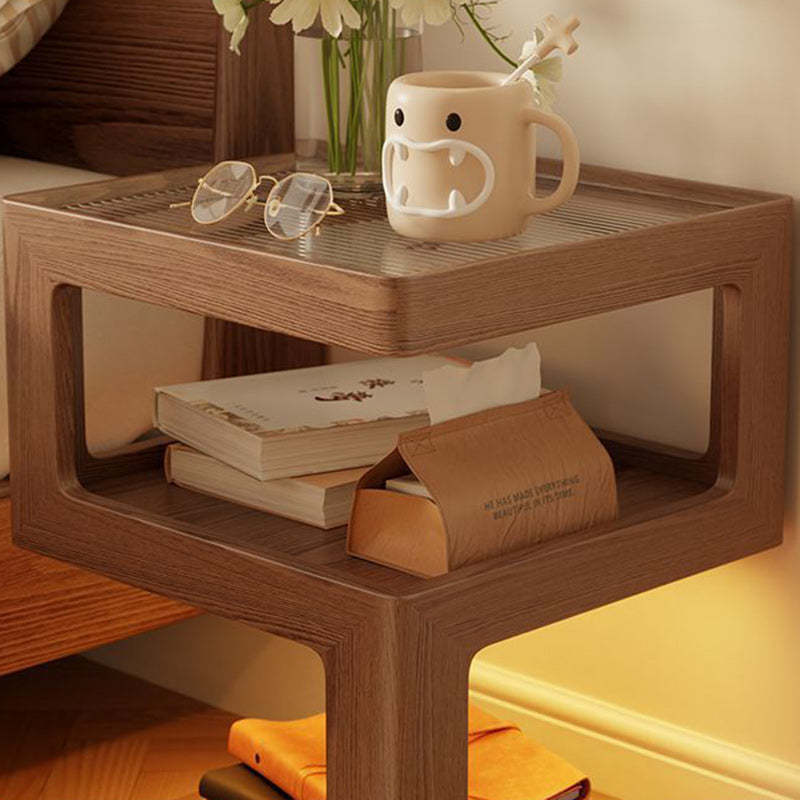 Minimalist Rubberwood Glass Nightstand