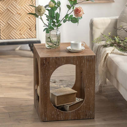 Japanese Rectangular Wood 2-Tier End Table