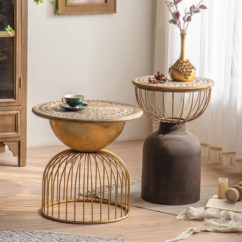 Vintage Round Wood Metal Coffee Table — Black / Solid Wood