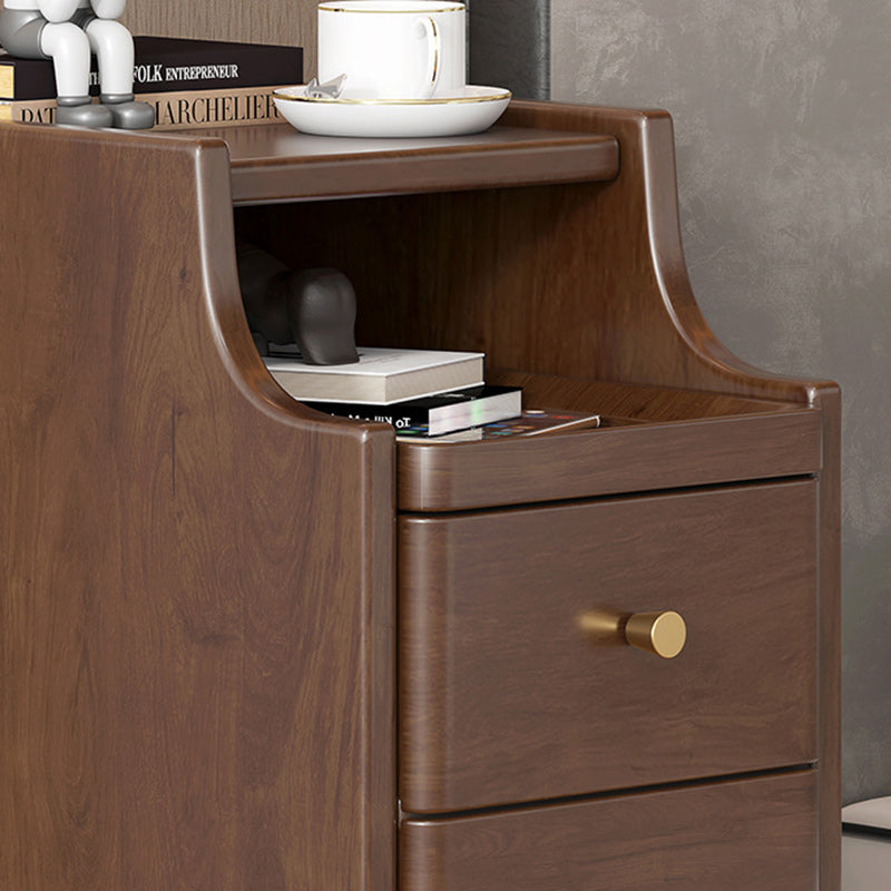 Minimalist Narrow Wood 2-Drawer Nightstand — With USB / Walnut Color