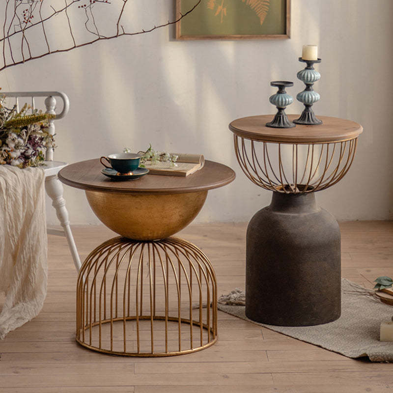 Vintage Round Wood Metal Coffee Table — Black / Flower Carving