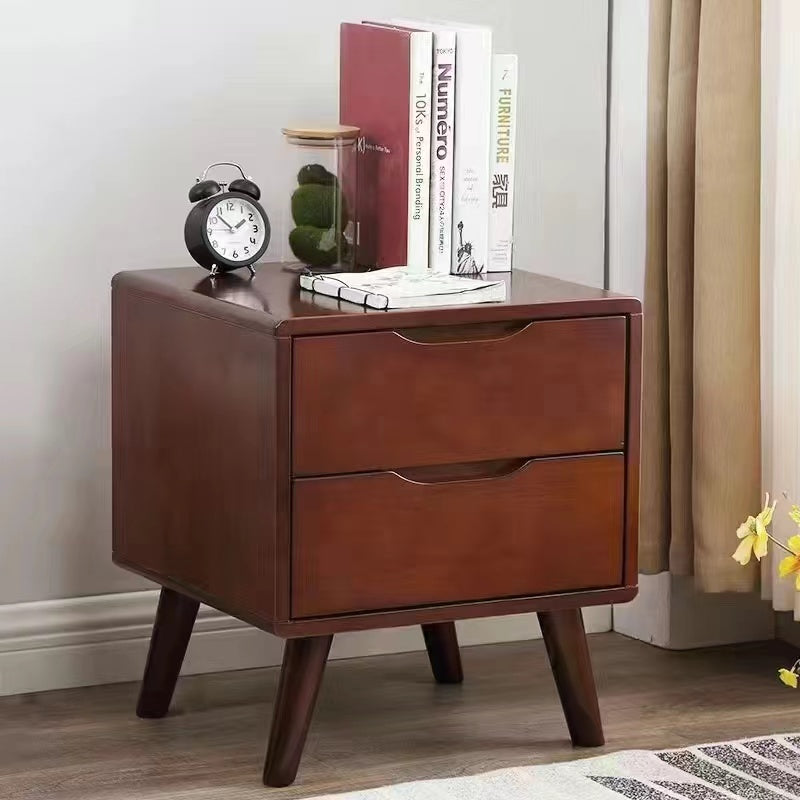 Minimalist Rubberwood Solid Wood Nightstand — 2 Drawers - Original Wood Color