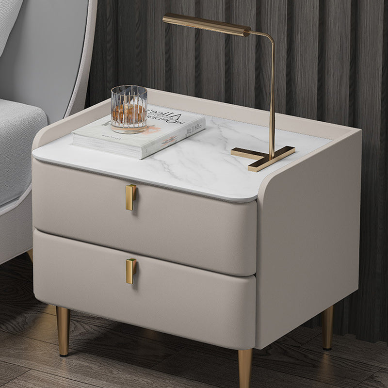 Modern Leather Pine Wood Carbon Steel Nightstand 2-Drawer — Dark Gray & Black Leg