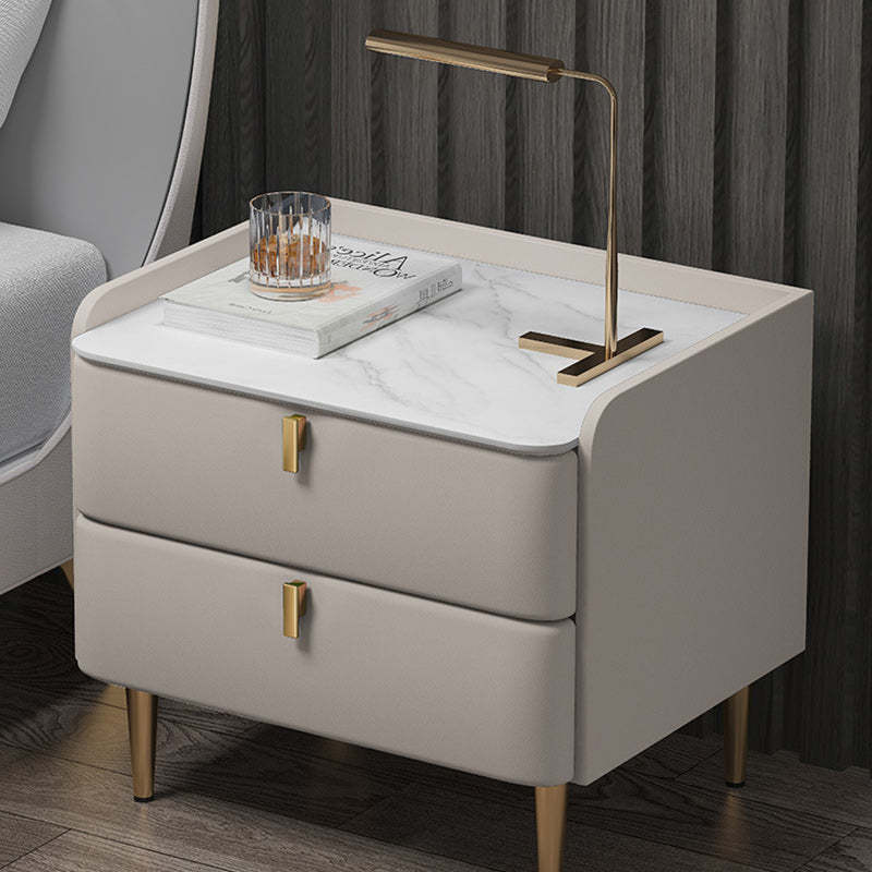 Modern Leather Pine Wood Carbon Steel Nightstand 2-Drawer — Dark Gray & Black Leg