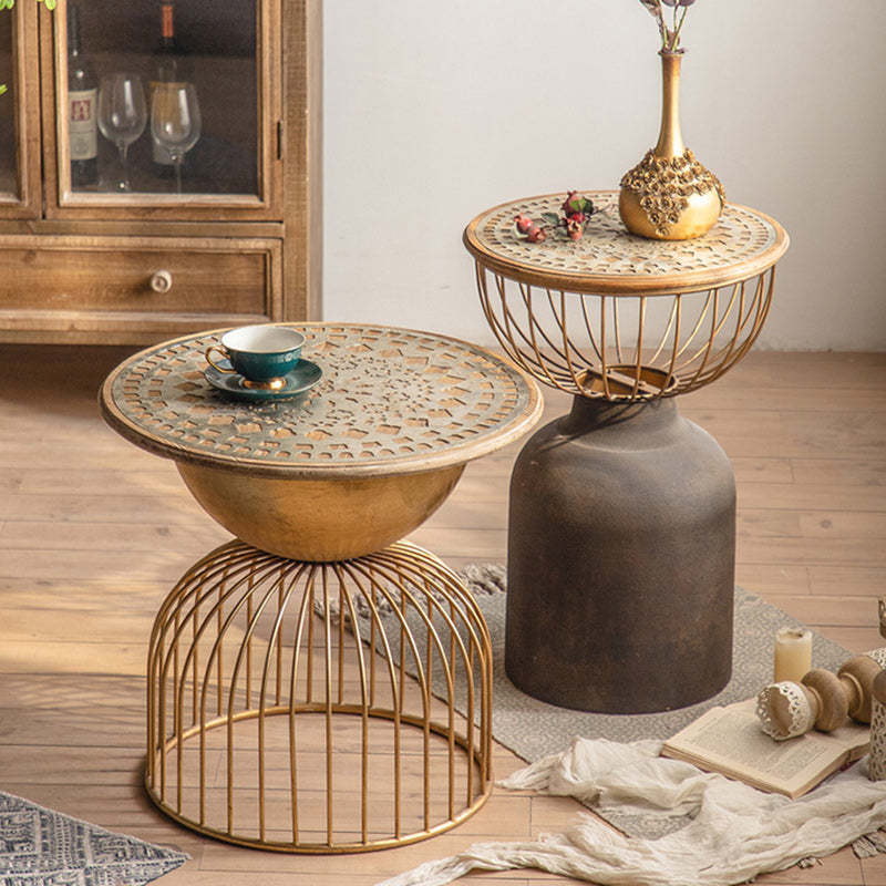 Vintage Round Wood Metal Coffee Table — Vintage Gold / Solid Wood