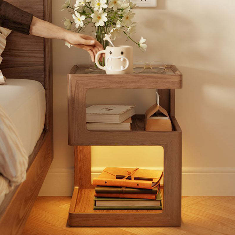 Minimalist Rubberwood Glass Nightstand