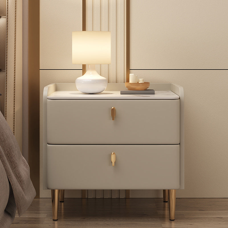 Minimalist Leather Wood Rock Plate Nightstand 2-Drawer