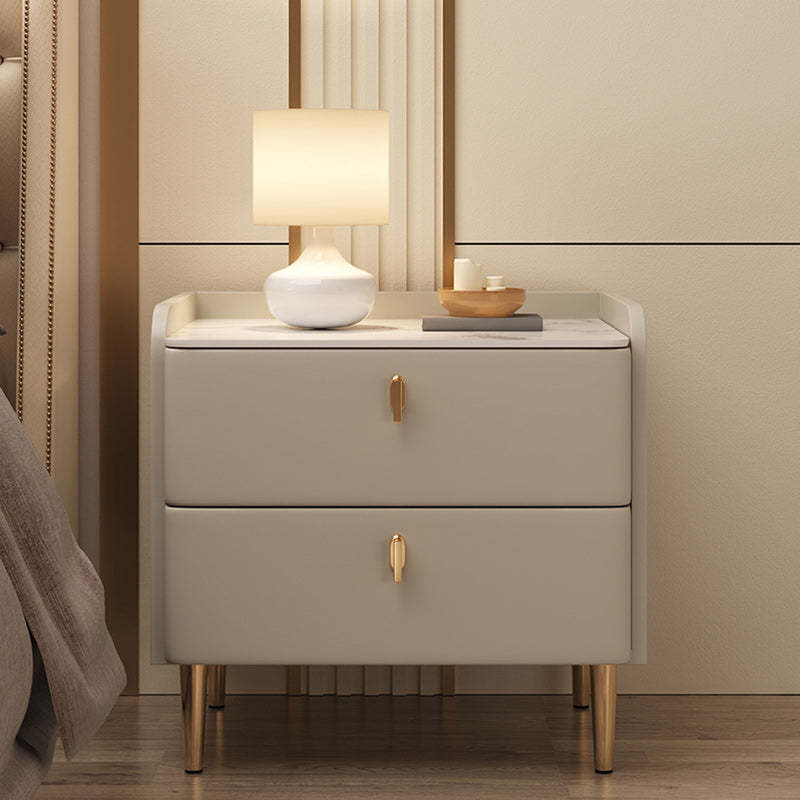 Minimalist Leather Wood Rock Plate Nightstand 2-Drawer