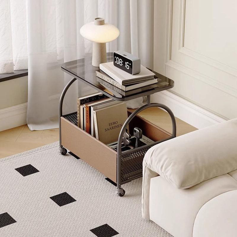 Minimalist Iron Leather Rectangular Coffee Table 1-Storage — Beige